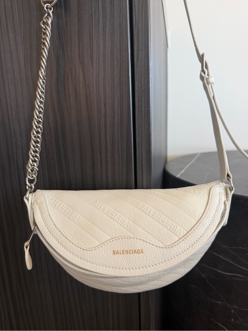 Balenciaga Cream Crescent Crossbody Bag with Chain Strap